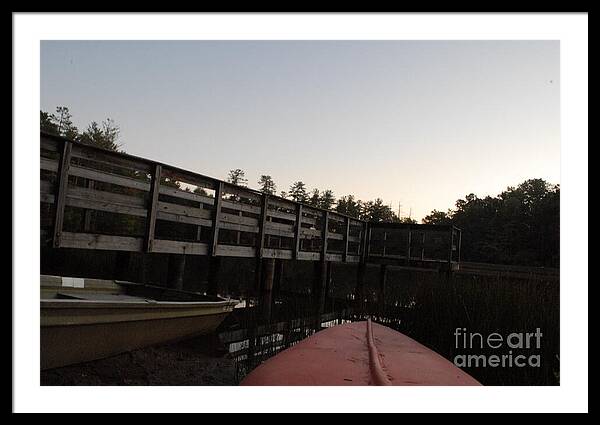 Kayak by Wooden Dock at Dusk - Framed Print