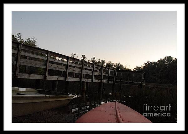 Kayak by Wooden Dock at Dusk - Framed Print