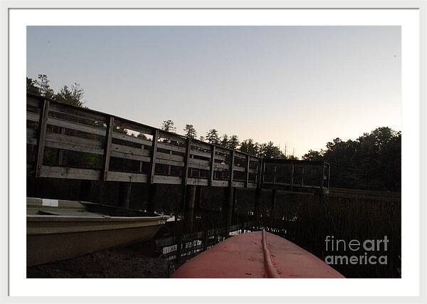Kayak by Wooden Dock at Dusk - Framed Print