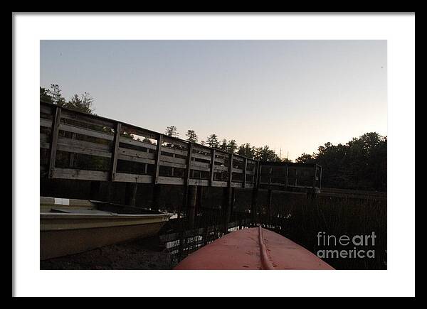 Kayak by Wooden Dock at Dusk - Framed Print