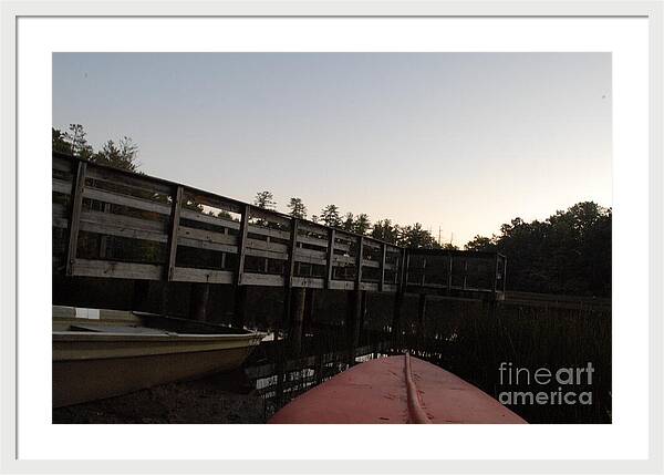 Kayak by Wooden Dock at Dusk - Framed Print