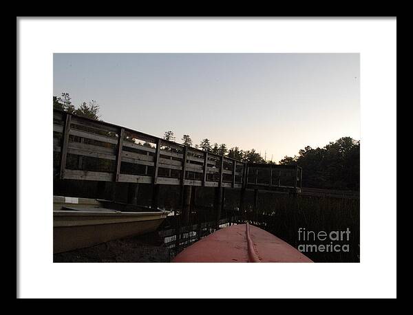 Kayak by Wooden Dock at Dusk - Framed Print