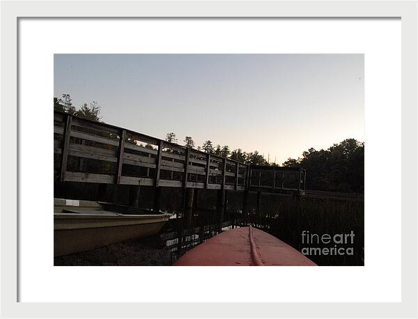 Kayak by Wooden Dock at Dusk - Framed Print