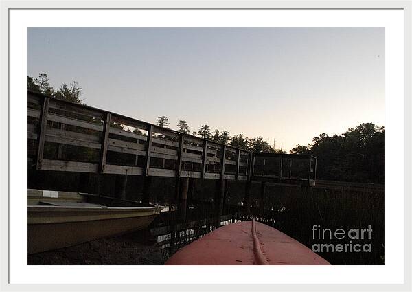 Kayak by Wooden Dock at Dusk - Framed Print
