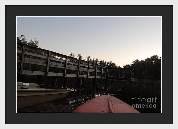 Kayak by Wooden Dock at Dusk - Framed Print