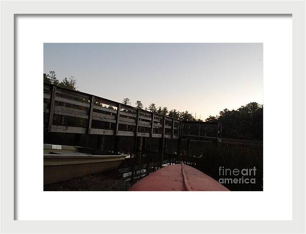 Kayak by Wooden Dock at Dusk - Framed Print