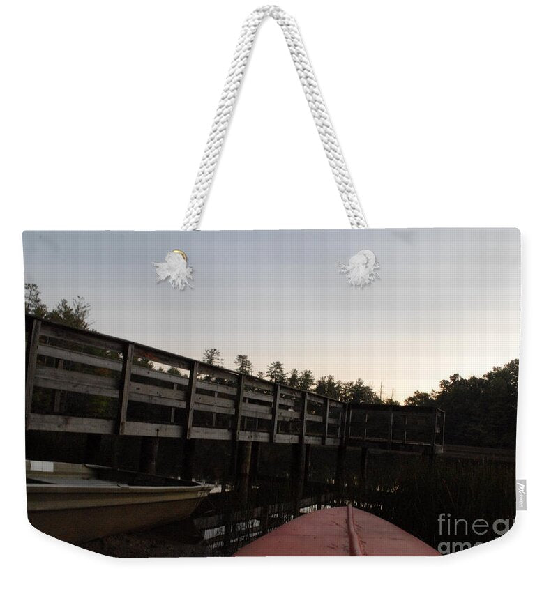 Kayak by Wooden Dock at Dusk - Weekender Tote Bag