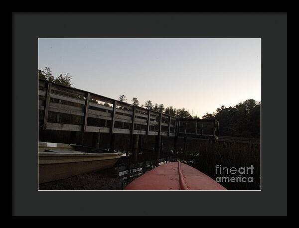 Kayak by Wooden Dock at Dusk - Framed Print