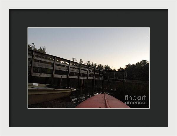 Kayak by Wooden Dock at Dusk - Framed Print