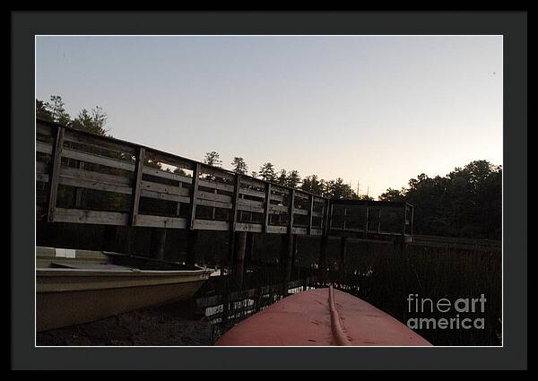 Kayak by Wooden Dock at Dusk - Framed Print