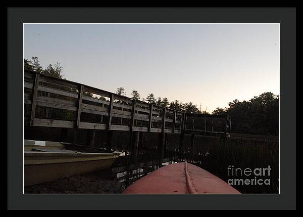 Kayak by Wooden Dock at Dusk - Framed Print