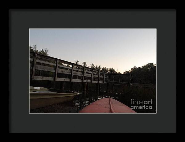 Kayak by Wooden Dock at Dusk - Framed Print