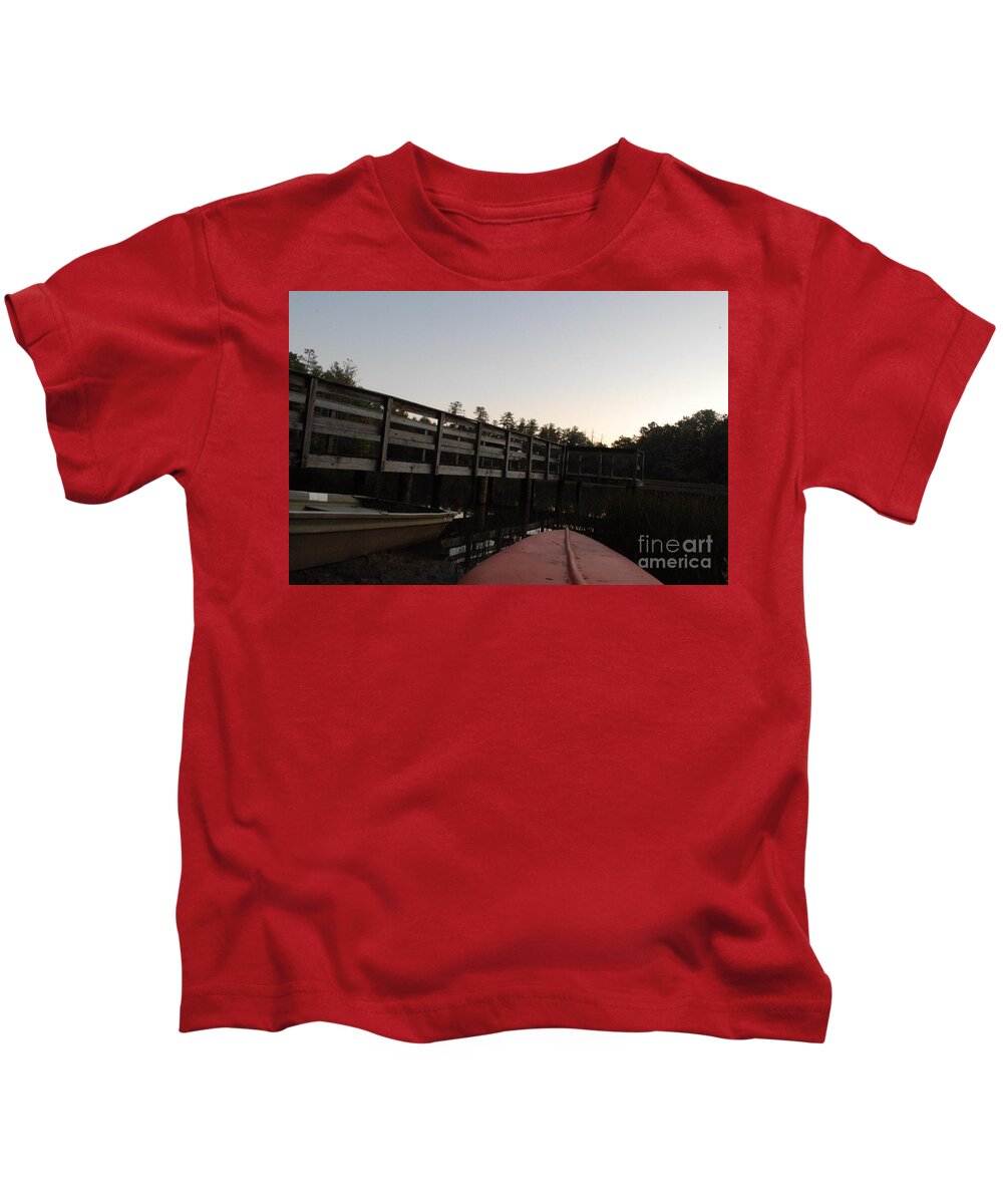 Kayak by Wooden Dock at Dusk - Kids T-Shirt