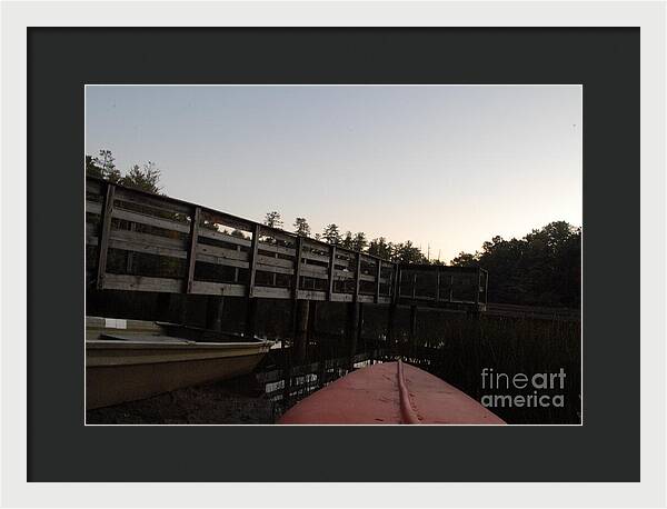 Kayak by Wooden Dock at Dusk - Framed Print