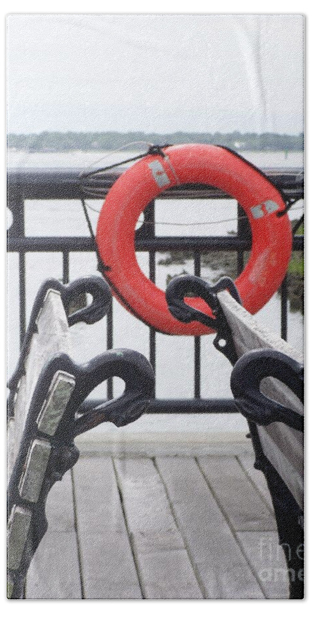 Lifebuoy Overlooking a Calm River - Beach Towel