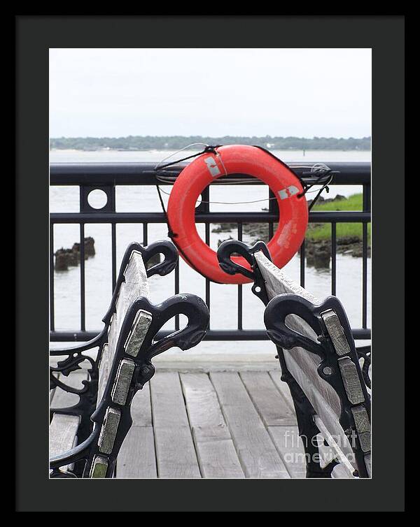 Lifebuoy Overlooking a Calm River - Framed Print