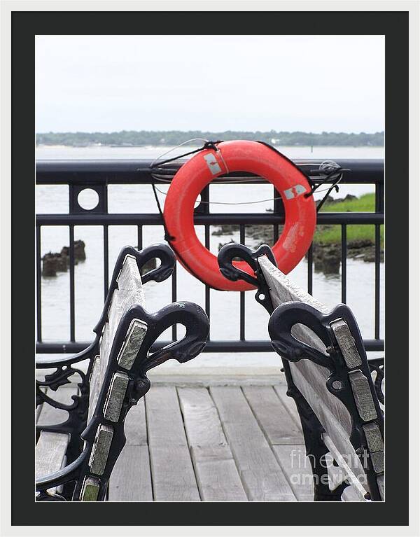 Lifebuoy Overlooking a Calm River - Framed Print
