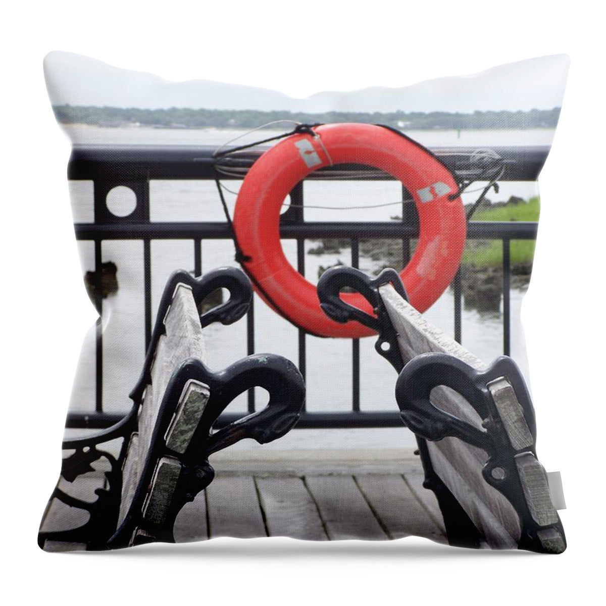Lifebuoy Overlooking a Calm River - Throw Pillow