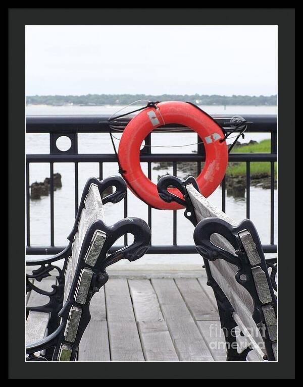 Lifebuoy Overlooking a Calm River - Framed Print