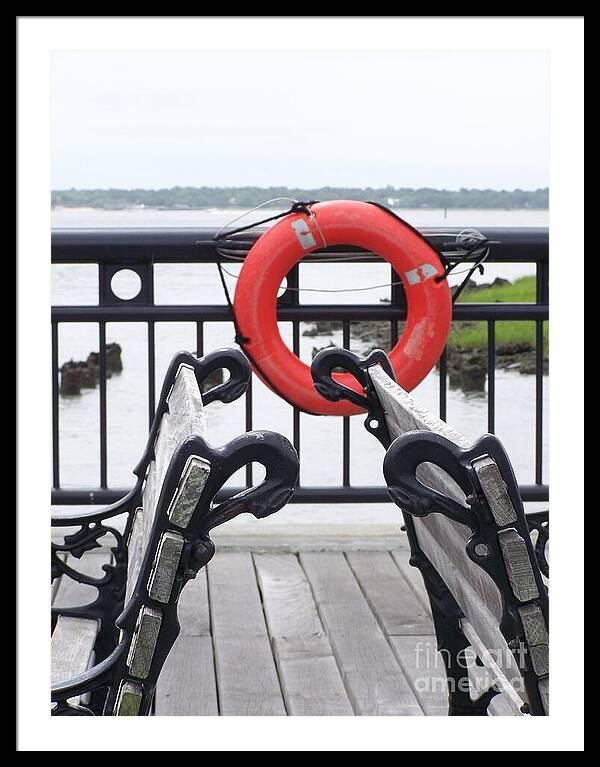 Lifebuoy Overlooking a Calm River - Framed Print