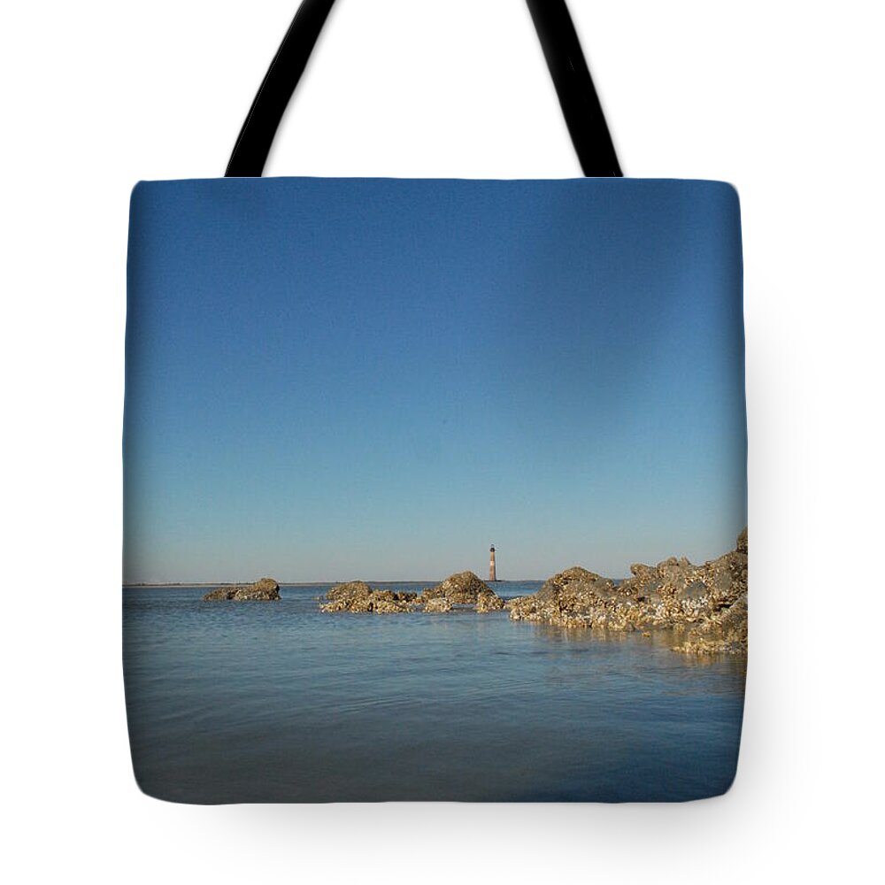 Lighthouse by Rocky Shore - Tote Bag