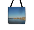 Lighthouse by Rocky Shore - Tote Bag