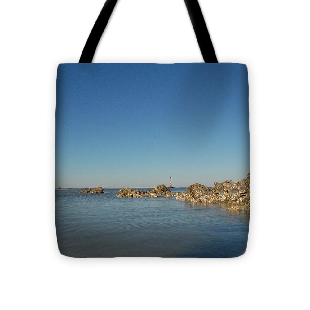 Lighthouse by Rocky Shore - Tote Bag