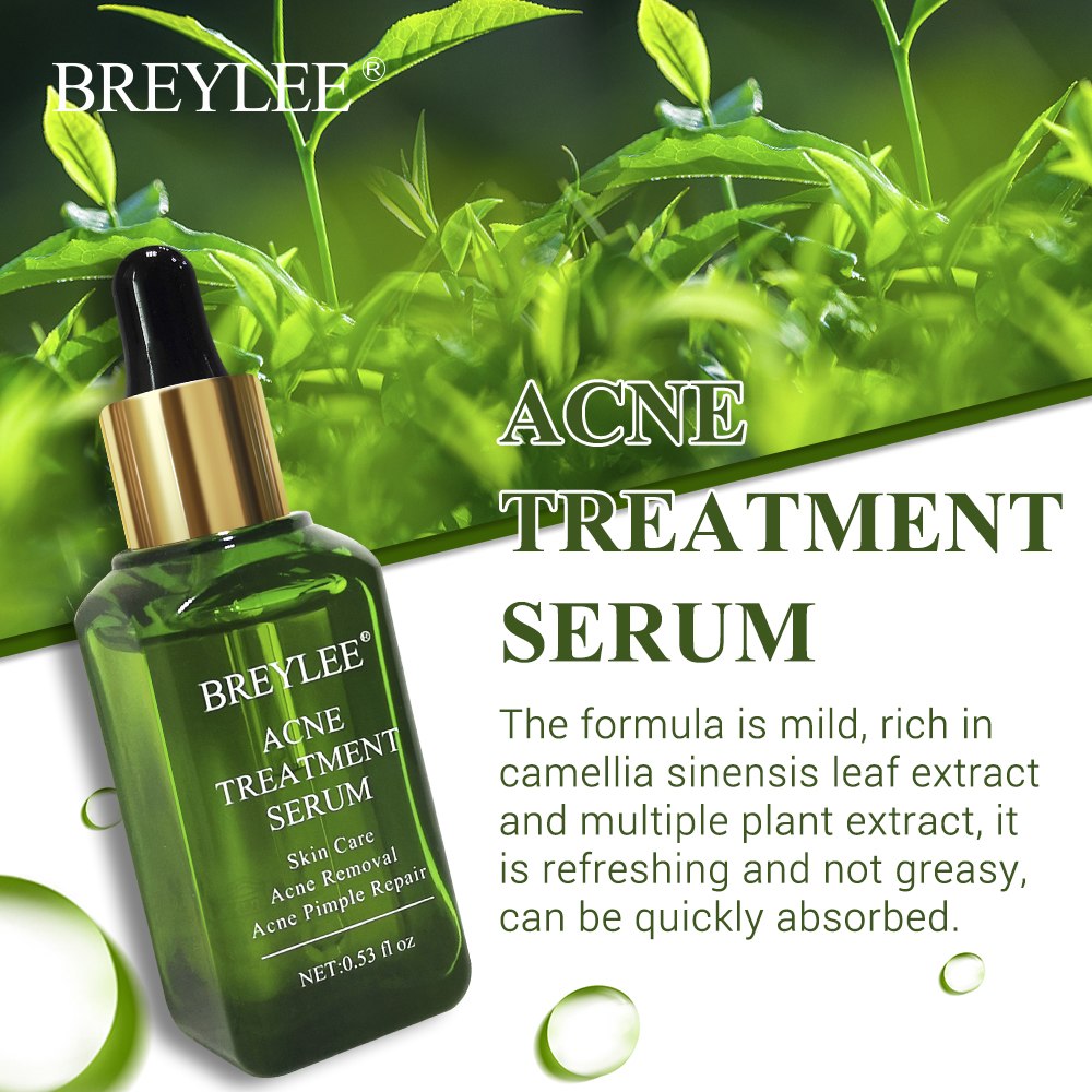Melia LLC BREYLEE acne treatment serum in a green glass bottle with a dropper, featuring camellia leaf extract.