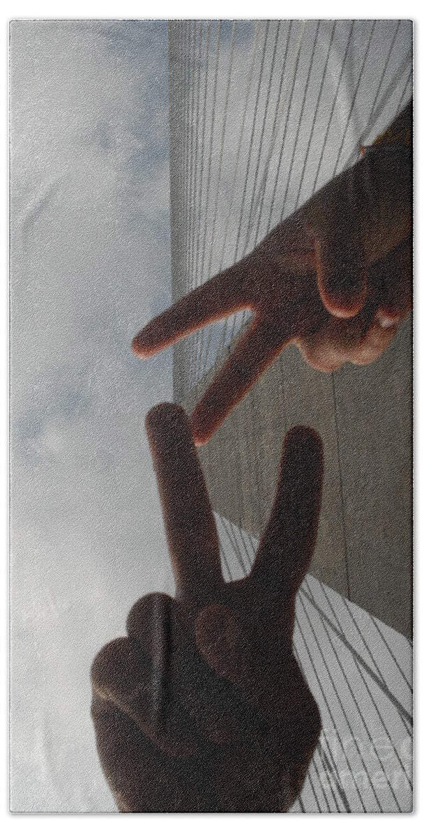 Peace Gesture Against Skyscraper - Bath Towel