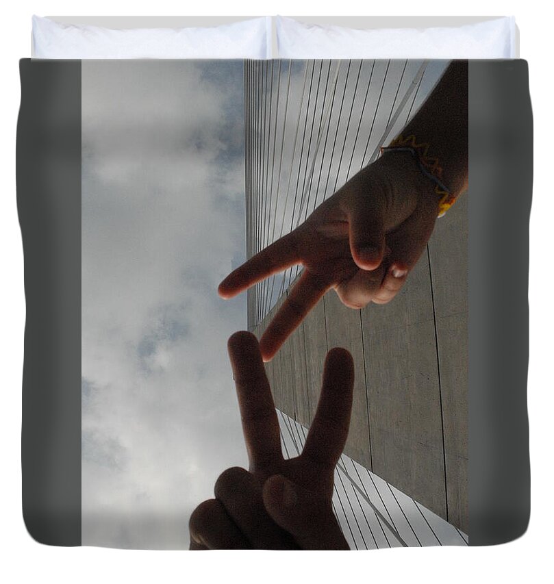Peace Gesture Against Skyscraper - Duvet Cover