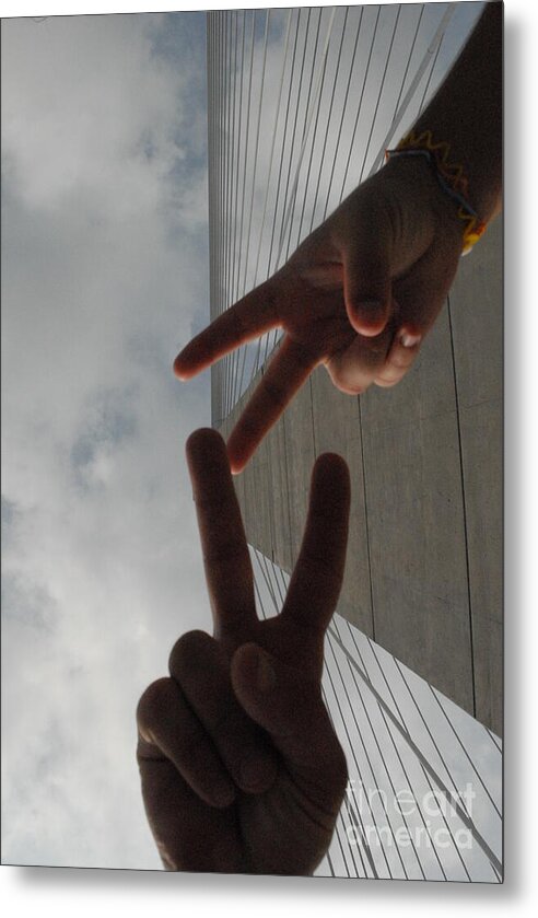 Peace Gesture Against Skyscraper - Metal Print