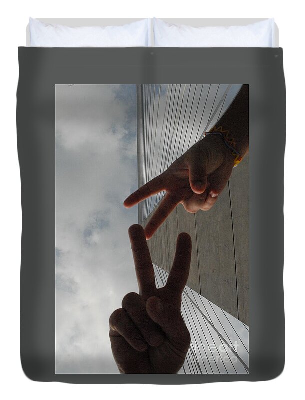 Peace Gesture Against Skyscraper - Duvet Cover