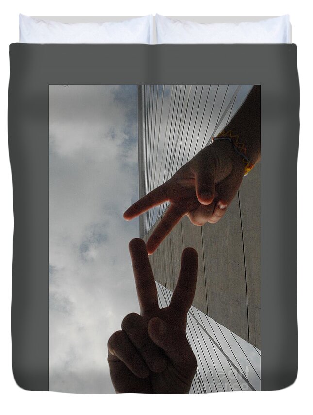 Peace Gesture Against Skyscraper - Duvet Cover