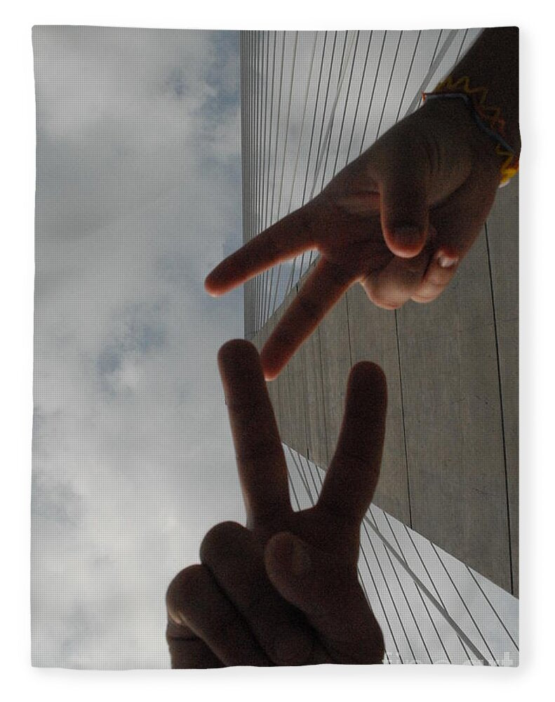Peace Gesture Against Skyscraper - Blanket