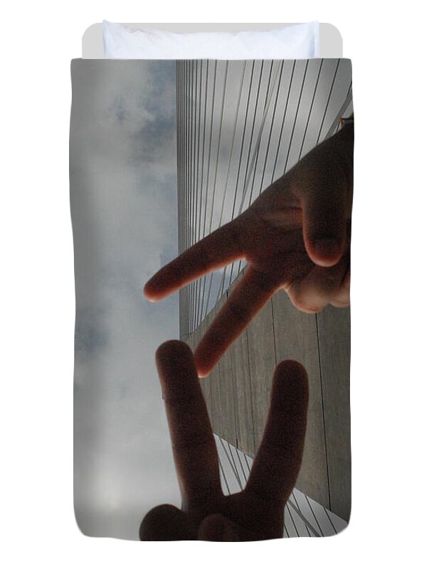 Peace Gesture Against Skyscraper - Duvet Cover
