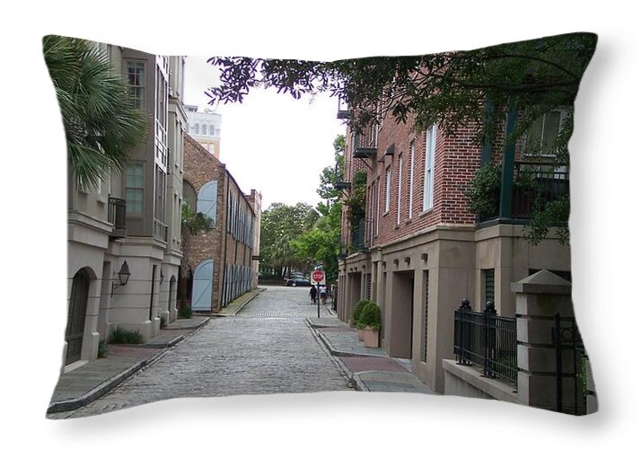 Quiet Cobblestone Street in City - Throw Pillow