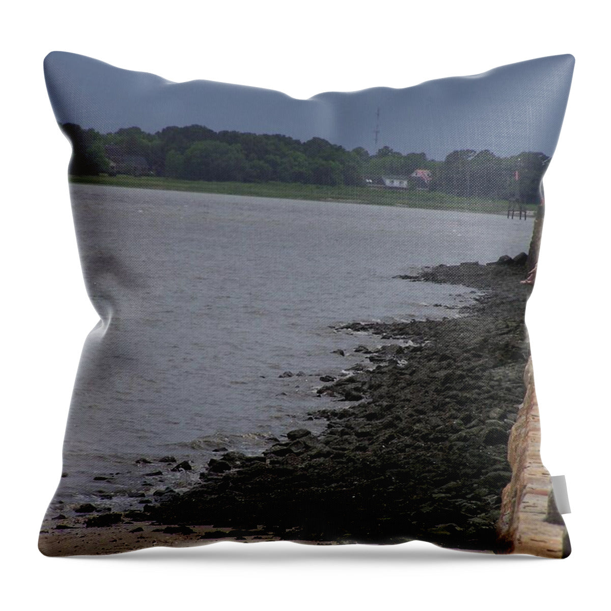 Rocky Shoreline with Overcast Sky - Throw Pillow