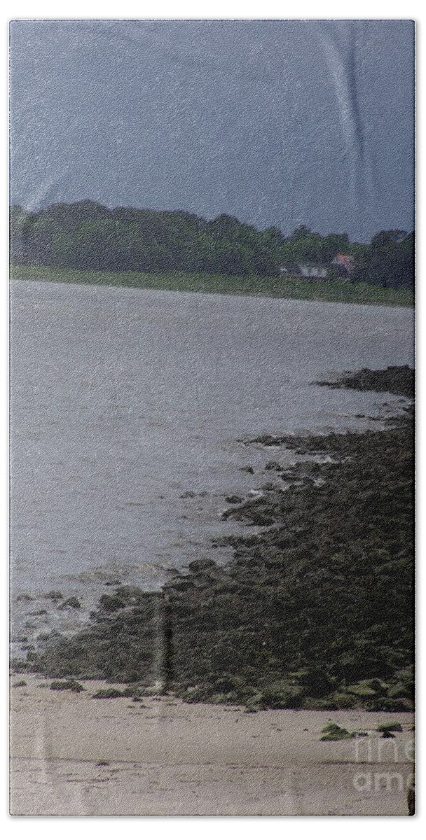 Rocky Shoreline with Overcast Sky - Beach Towel