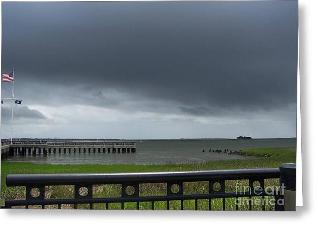 Stormy Sky Over Coastal Pier - Greeting Card
