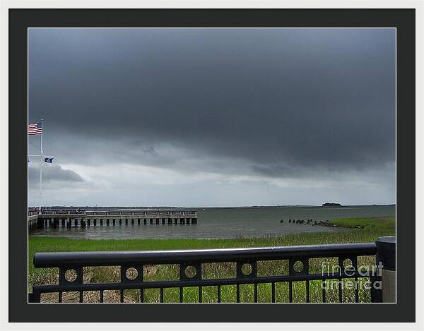 Stormy Sky Over Coastal Pier - Framed Print
