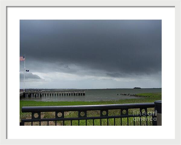 Stormy Sky Over Coastal Pier - Framed Print
