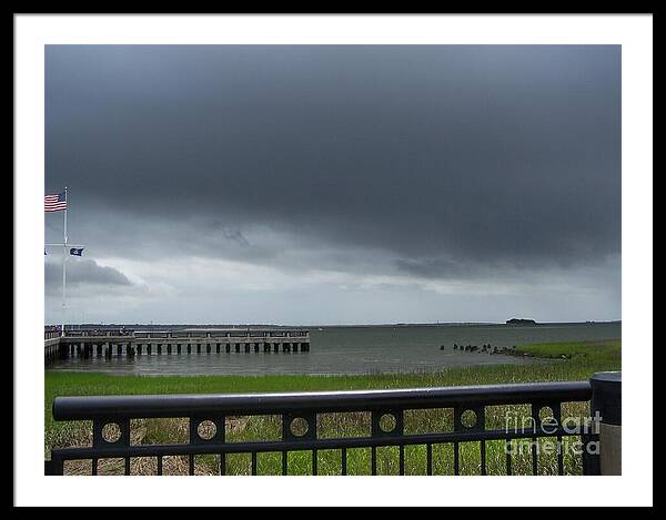 Stormy Sky Over Coastal Pier - Framed Print