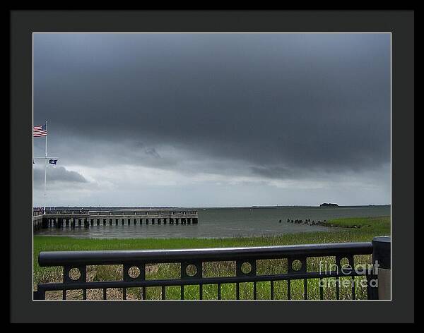 Stormy Sky Over Coastal Pier - Framed Print