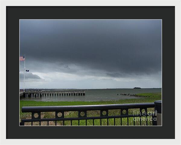 Stormy Sky Over Coastal Pier - Framed Print