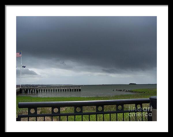 Stormy Sky Over Coastal Pier - Framed Print