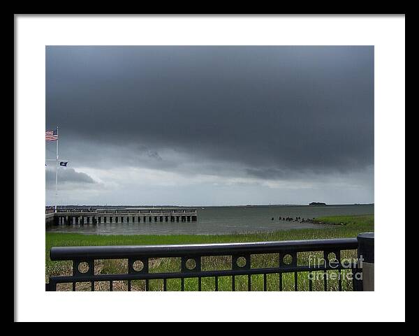 Stormy Sky Over Coastal Pier - Framed Print