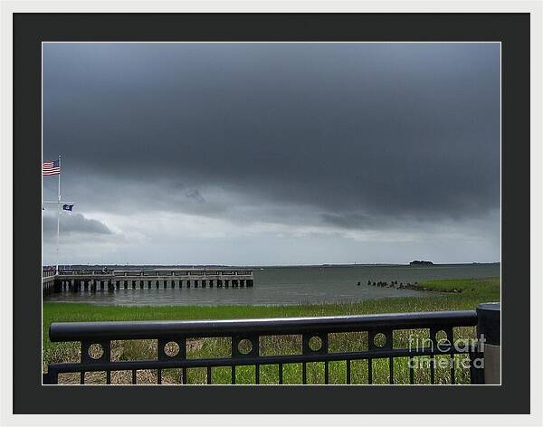 Stormy Sky Over Coastal Pier - Framed Print