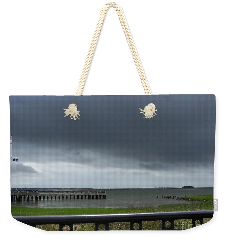 Stormy Sky Over Coastal Pier - Weekender Tote Bag