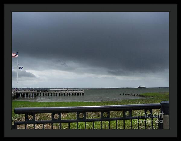 Stormy Sky Over Coastal Pier - Framed Print