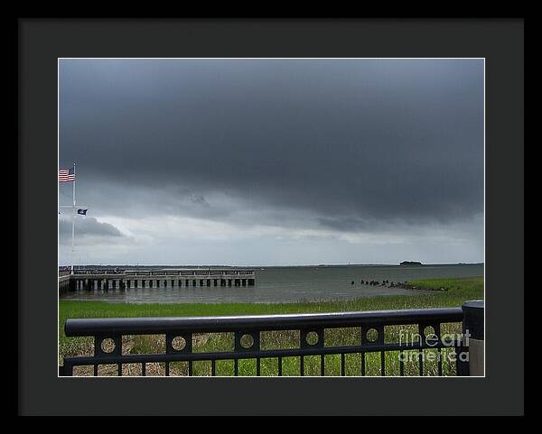 Stormy Sky Over Coastal Pier - Framed Print